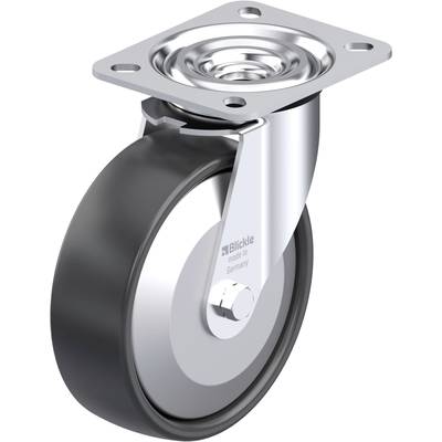 Metalowo-gumowa rolka obrotowa z prostokątną płytką montażową. Na uchwycie oznaczenie 'Blickle made in Germany'.