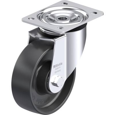 Szaro-czarne obrotowe kółko jezdne wykonane z metalu i tworzywa sztucznego, odpowiednie do mebli lub zastosowań transportowych. Logo producenta 'Blickle'.