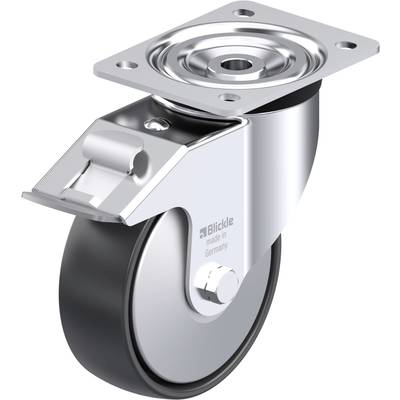 Rolka obrotowa z płaską metalową płytą, czarne koło, z napisem 'Blickle made in Germany'. Odpowiednia do ciężkich ładunków, zastosowań przemysłowych.