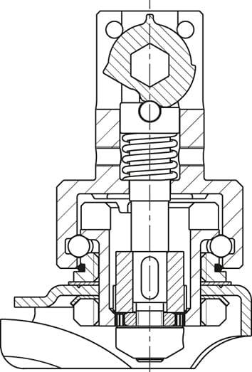 Rysunek techniczny zaworu z mechanizmem sprężynowym. Przekrój ukazuje szczegóły takie jak śruby, membrana i elementy sprężyste.