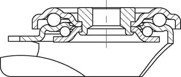 Diagram przekroju poprzecznego łożyska kulkowego z warstwami i rozmieszczeniem kulek, pokazujący wewnętrzne i zewnętrzne struktury dla zobrazowania jego funkcji.