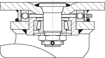 Przekrój urządzenia mechanicznego z śrubami, łożyskami i uszczelnieniami, umożliwiającymi ruch obrotowy.