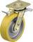 Żółte obrotowe koło z uchwytem i hamulcem postojowym, często stosowane w wózkach przemysłowych lub transportowych, wspomagające przemieszczanie ciężkich ładunków.