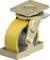 Metalowa rolka przemysłowa z żółtym kołem, przeznaczona do zastosowań ciężkich. Kwadratowa płyta montażowa na górze, wzmocniona konstrukcja.