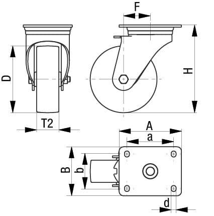 Rysunek techniczny zestawu kółek skrętnych z wymiarami: wysokość (H), szerokość (b), średnica koła (d), wysokość płyty (a), odstęp (F) oraz T2.