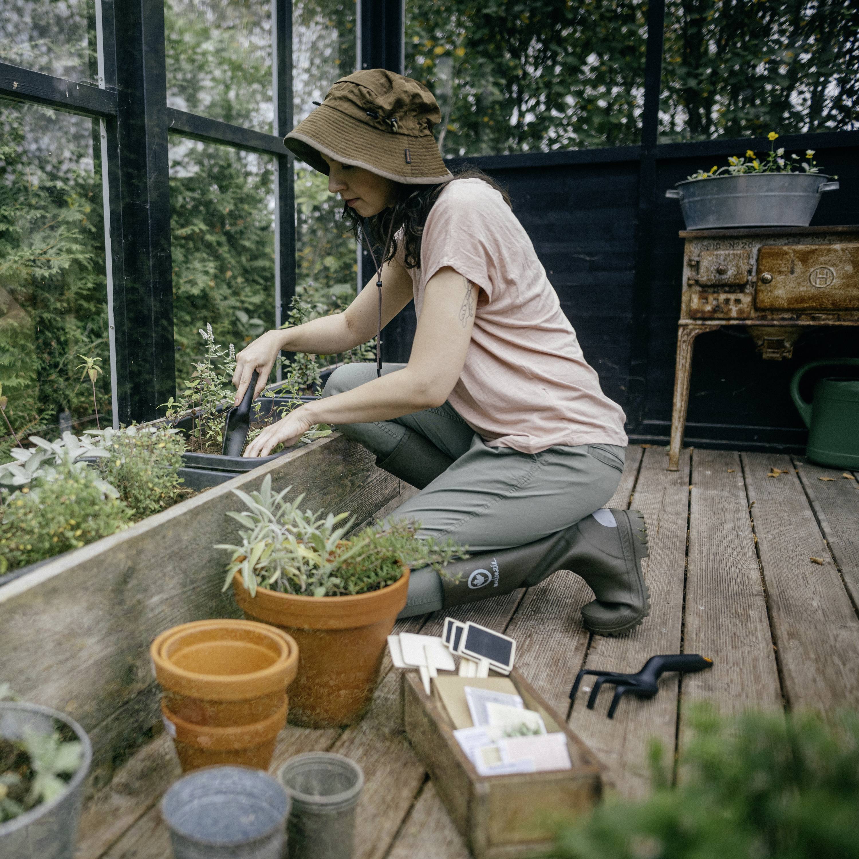 Osoba pielęgnuje rośliny w szklarni, klęcząc w podniesionym zagoniku. Ma na głowie kapelusz i używa narzędzi ogrodniczych.