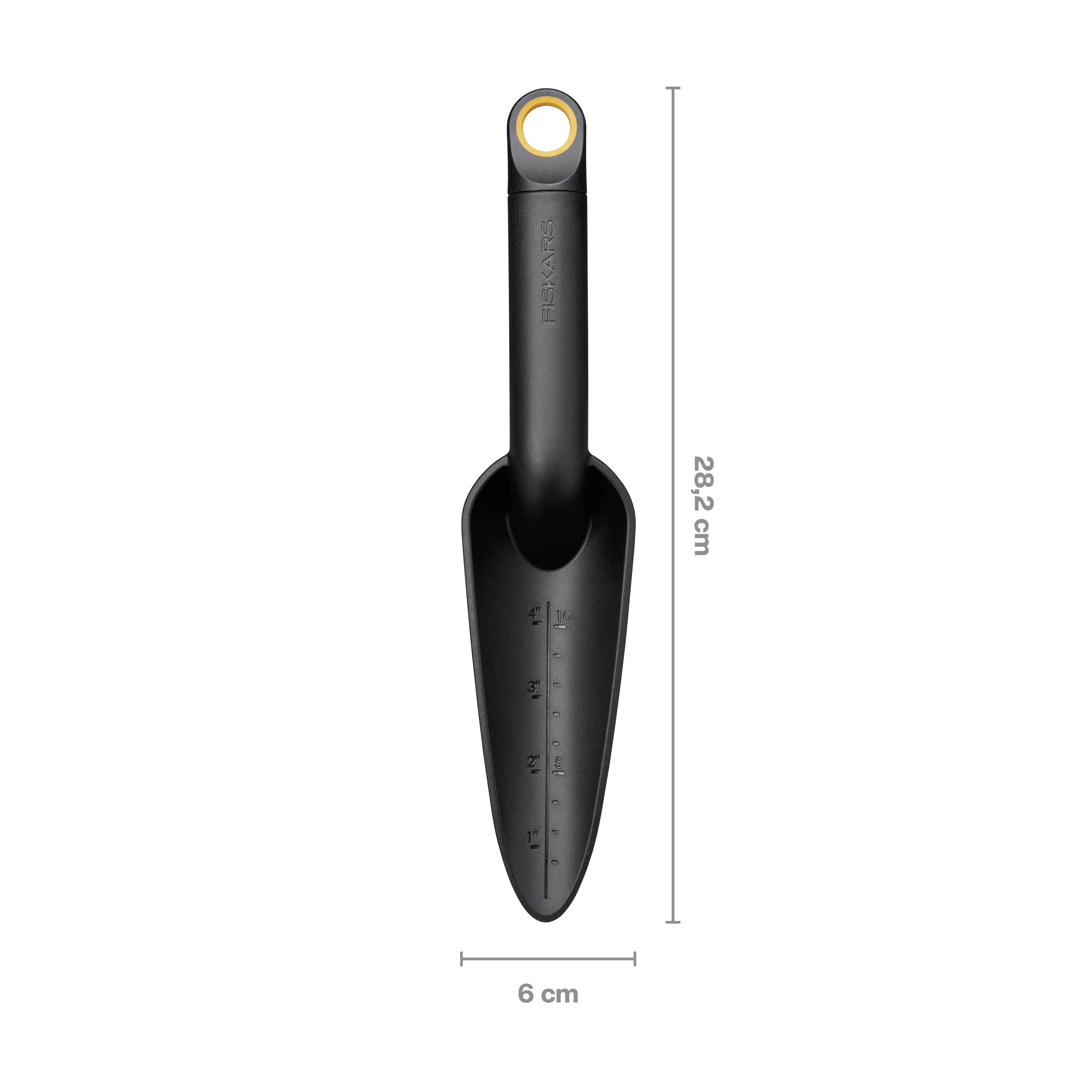 Łopatka ogrodnicza z ergonomicznym uchwytem, długa na 28,2 cm i szeroka na 6 cm. Skala na łopatce do pomiaru głębokości.