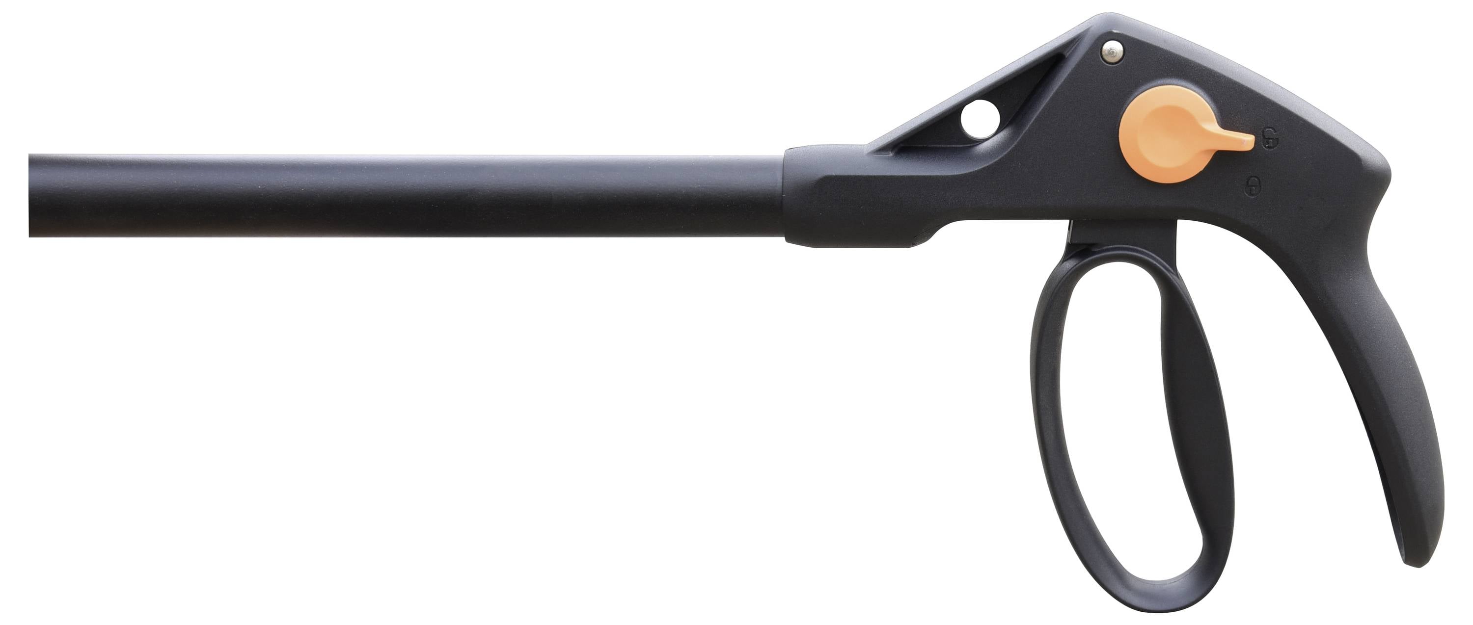 Czarny podajnik z pomarańczowym przełącznikiem i ergonomicznym uchwytem, zaprojektowany do pomocy przy podnoszeniu przedmiotów.