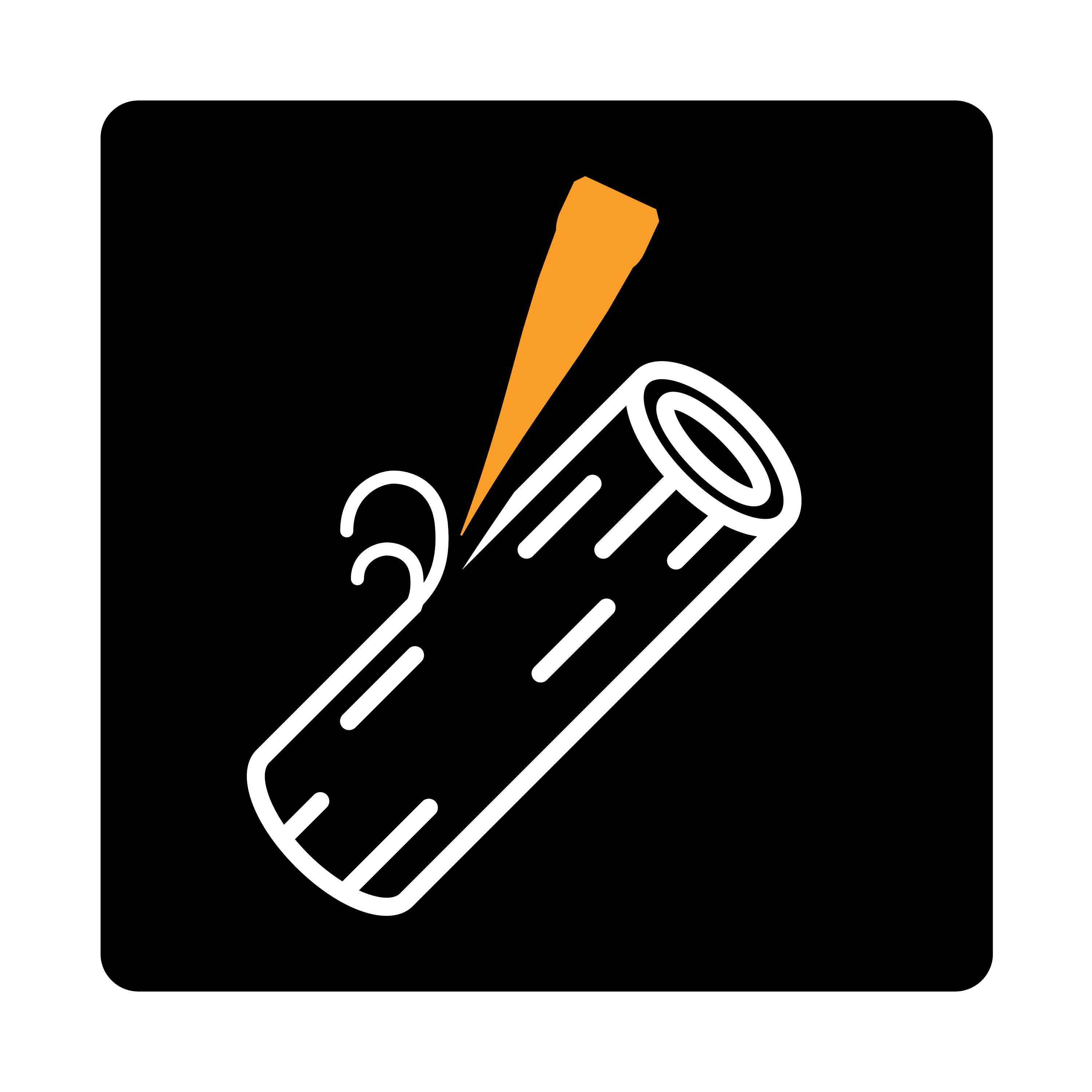 Piktogram przedstawia piłę przecinającą pień drewna. Tło jest czarne, piła pomarańczowa, a pień biały.