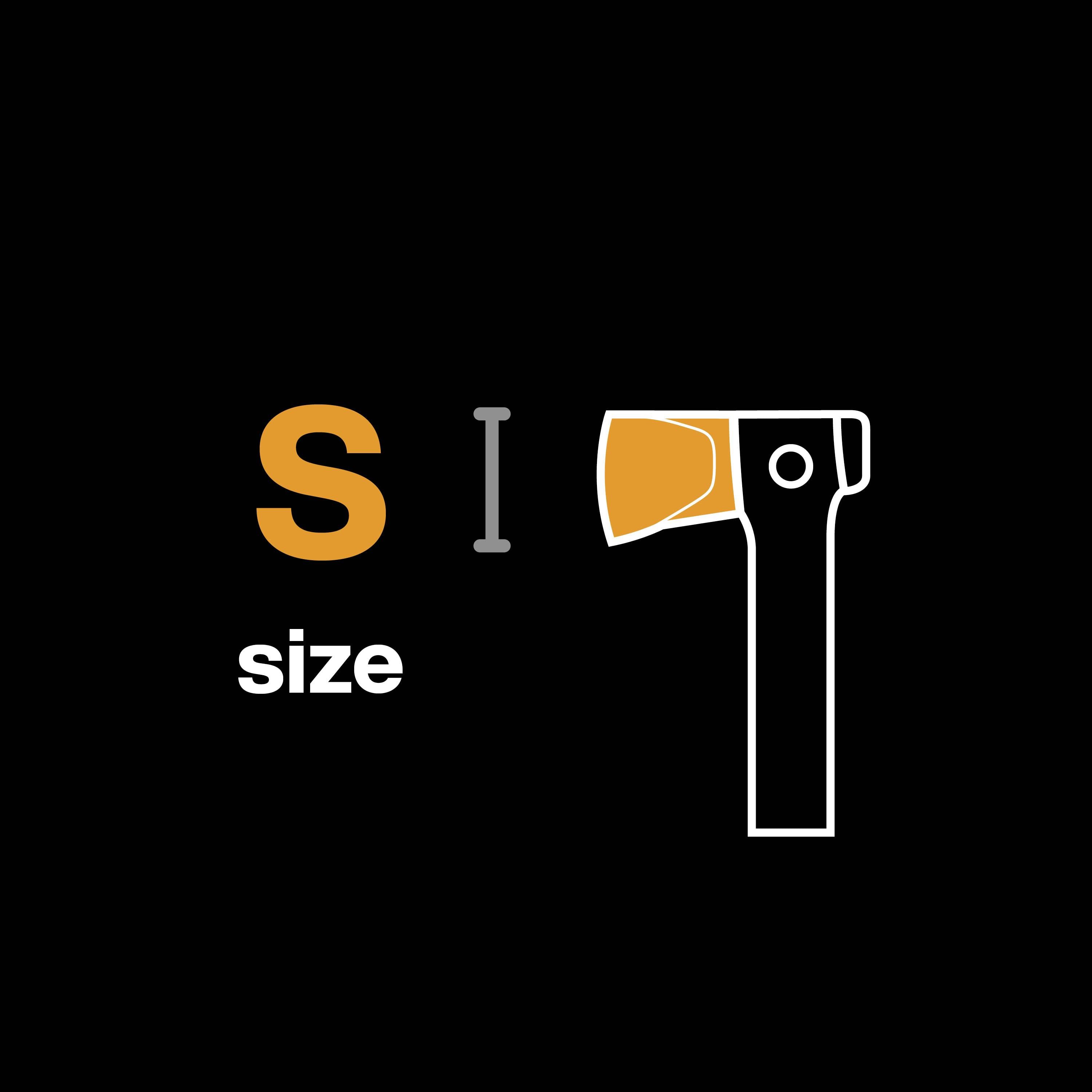 Napis "Size", gdzie przygaszony literę "S" zastąpiono odwróconym "T" w kształcie młotka.