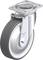 Rolka obrotowa z szarym kołem gumowym i srebrną obudową, odpowiednia do zastosowań w meblach i transporcie. Znak firmowy na obudowie.
