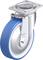 Rolka z niebieskim kołem, srebrną obudową i płytką mocującą. Odpowiednia do mebli lub zastosowań przemysłowych, zapewnia lekkie przemieszczanie.