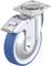 Obracane kółko meblowe z niebieskim ogumieniem gumowym i hamulcem, wykonane z metalu do zastosowań wymagających wytrzymałości.