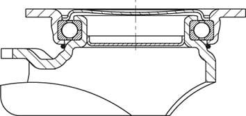 Diagram przekroju poprzecznego łożyska koła z uszczelnieniem, przedstawiający rozmieszczenie łożysk kulkowych i uszczelnień wewnątrz struktury metalowej.