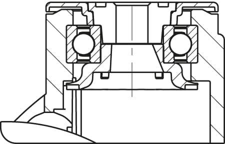 Rysunek techniczny przekroju łożyska kulkowego z widocznymi elementami łożyska, obudową i uszczelnieniami.