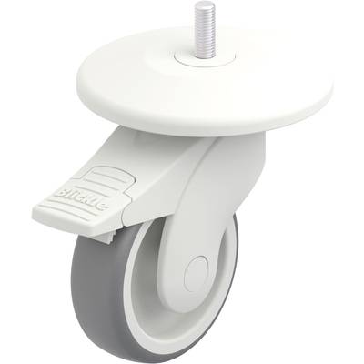 Biała plastikowa rolka skrętna z szarą gumową oponą i metalowym sworzniem mocującym, odpowiednia do mebli lub urządzeń.