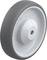 Szare koło z gładką powierzchnią jezdną i białym kołem wewnętrznym, prawdopodobnie odpowiednie do wózków transportowych. Widoczny napis producenta.