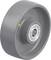 Szare koło z centralnym łożyskiem kulkowym, wykonane z tworzywa sztucznego. Nadaje się do stosowania w meblach lub zastosowaniach przemysłowych.