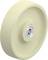 Beżowe plastikowe kółko z srebrnym łożyskiem kulkowym pośrodku. Nadaje się do lekkich i średnich obciążeń w meblach lub rolkach transportowych.