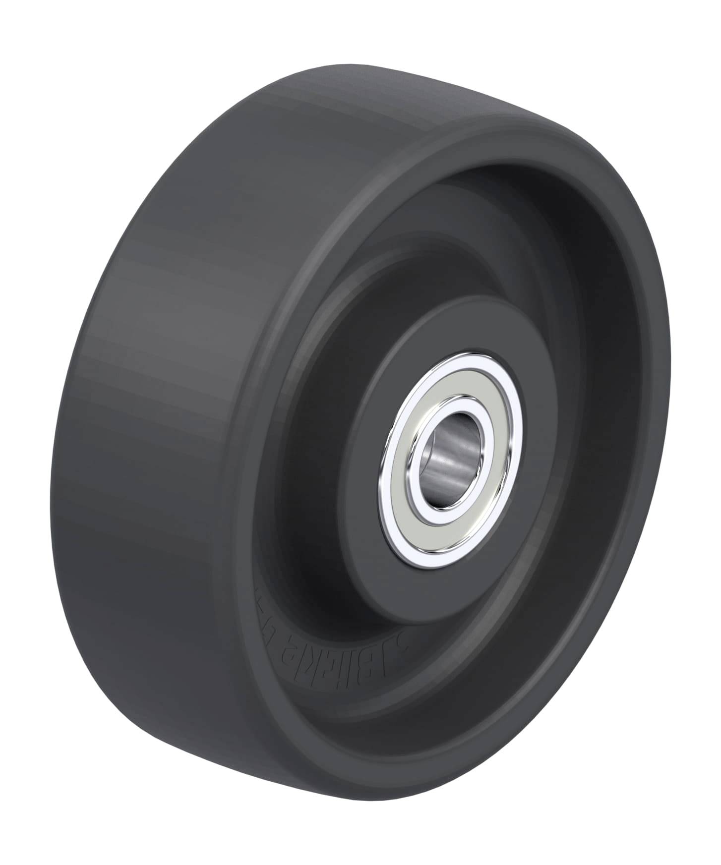 Czarne plastikowe koło z srebrnym łożyskiem kulkowym pośrodku, stosowane w maszynach lub do celów transportowych.