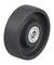 Czarne plastikowe koło z srebrnym łożyskiem kulkowym pośrodku, stosowane w maszynach lub do celów transportowych.