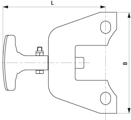 Diagram części mechanicznej z uchwytem, bolcem i otworami mocującymi. Wymiary L i B są oznaczone.