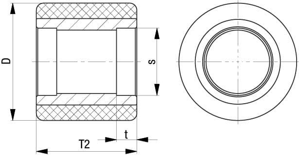 Rysunek techniczny cylindrycznego elementu z wymiarami D, T2, t oraz s. Przedstawiono widok z przodu i widok z góry.