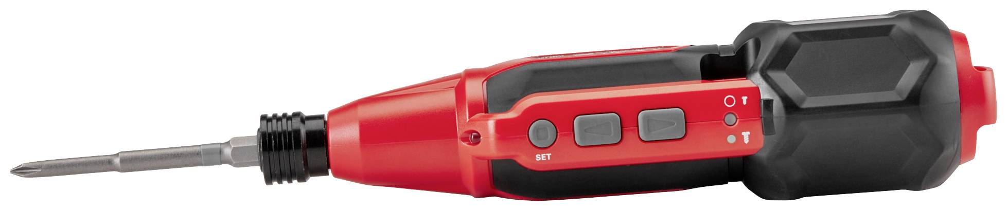 Czerwony, elektryczny wkrętak z czarnym uchwytem i elementami sterującymi z boku. Idealny do precyzyjnego wkręcania śrub.