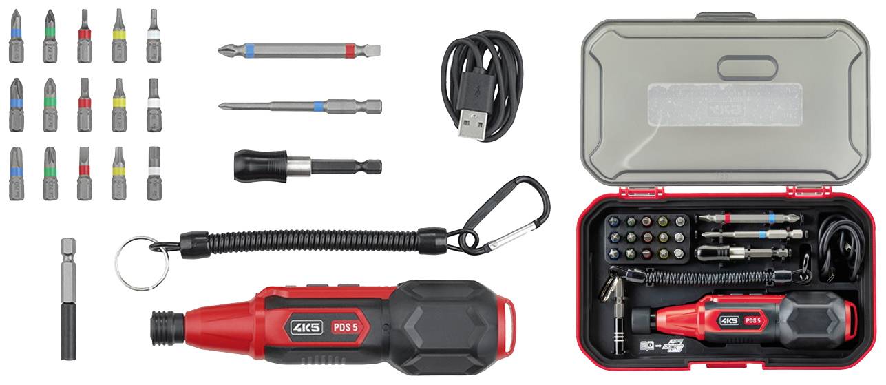 Zestaw wkrętarki akumulatorowej z czerwonym śrubokrętem, kablem USB, różnymi końcówkami i kompaktowym etui do przechowywania.