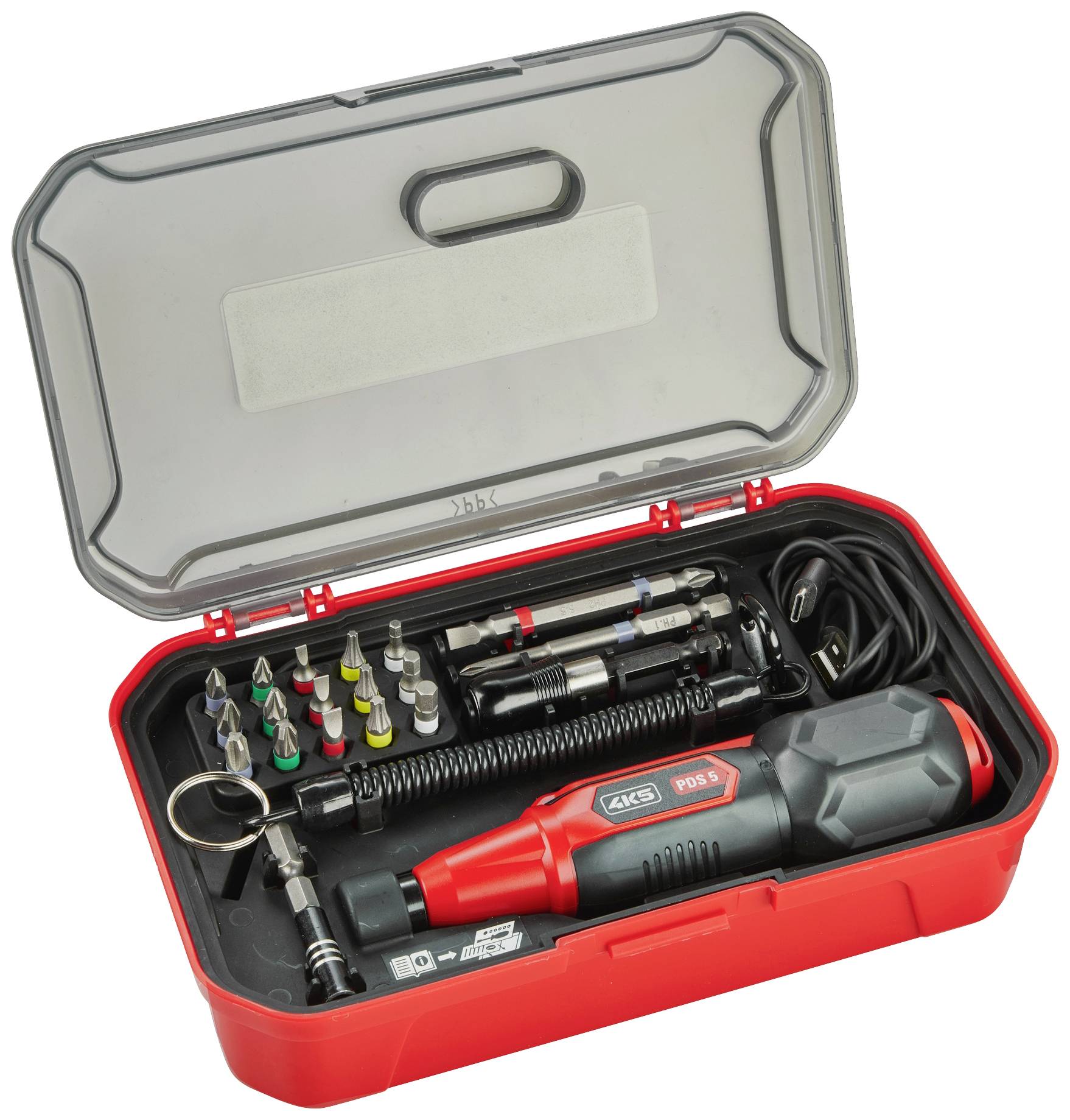 Zestaw elektronarzędzi w czerwonej plastikowej walizce, z wkrętakiem, bitami, wiertłami i akcesoriami, ułożonymi w schludny sposób.
