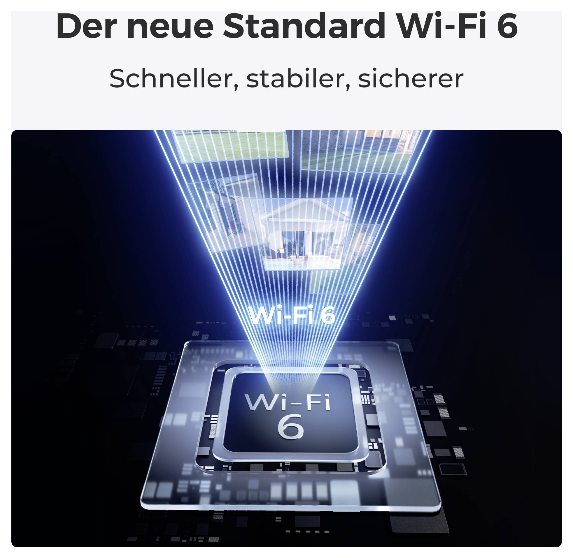 Obraz przedstawia tekst 'Nowy standard Wi-Fi 6: Szybszy, stabilniejszy, bezpieczniejszy' nad futurystyczną wizualizacją chipa Wi-Fi 6 emitującego niebieskie światło w górę, symbolizujące ulepszoną łączność.
