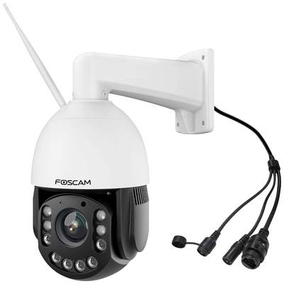 Kamera monitorująca firmy Foscam z obrotową obudową i uchwytem ściennym. Widoczna antena i złącza kablowe.