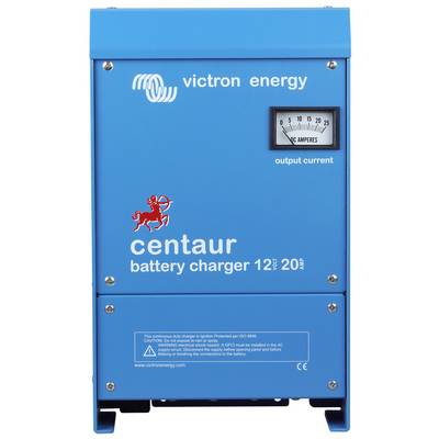 Ładowarka akumulatorów Victron Energy 'centaur battery charger 12V 20A' w kolorze niebieskim, z widocznym amperomierzem i logo. Odpowiednia do ładowania akumulatorów 12-voltowych.