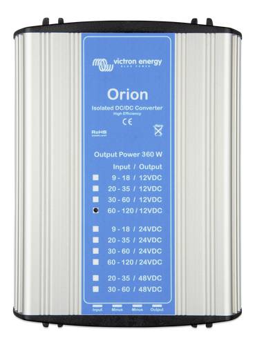 Przetwornica DC/DC firmy Victron Energy, model 'Orion', izolowana, o mocy wyjściowej 360 W. Napięcie wejściowe 9-75 V, napięcie wyjściowe do wyboru 12/24/48 V.