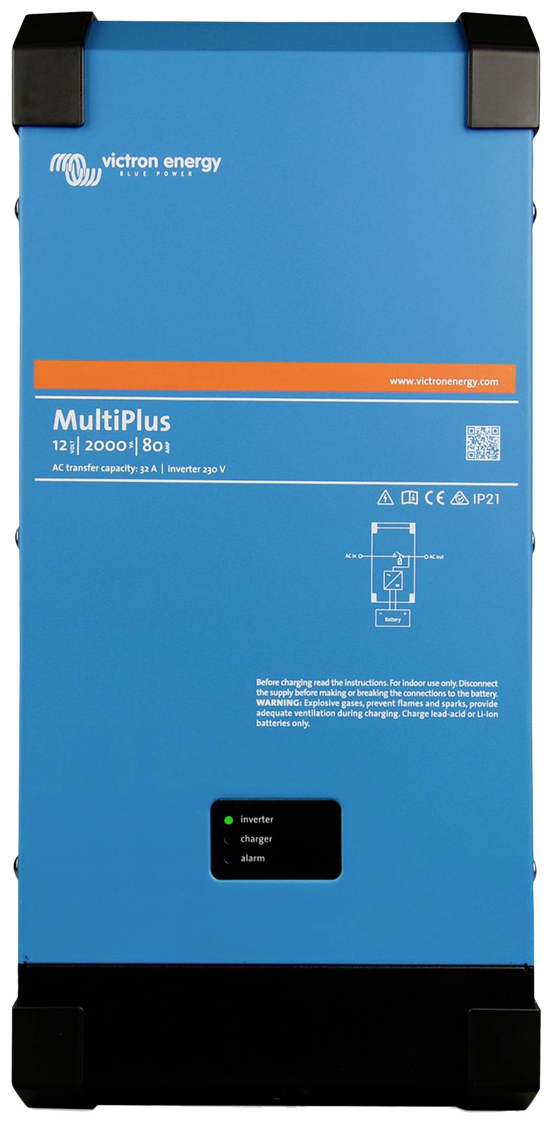 Niebieski falownik Victron Energy MultiPlus, model 12/2000/80-1, z diodami LED i schematem podłączenia. Odpowiedni do zastosowań mobilnych i stacjonarnych.