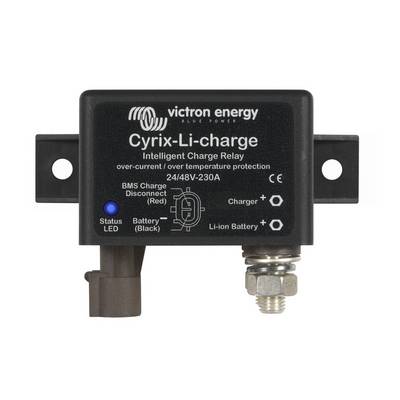 Inteligentne przekaźnik ładowania Cyrix-Li-charge firmy Victron Energy, 24/48V-230A, z zabezpieczeniem przed nadmiernym prądem i przegrzaniem, z diodą LED statusu.