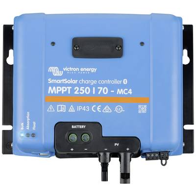 Niebieski regulator ładowania Victron Energy SmartSolar, model MPPT 250/70 MC4, z przyłączami i wskaźnikami statusu dla trybów Bulk, Absorpcja, Float.