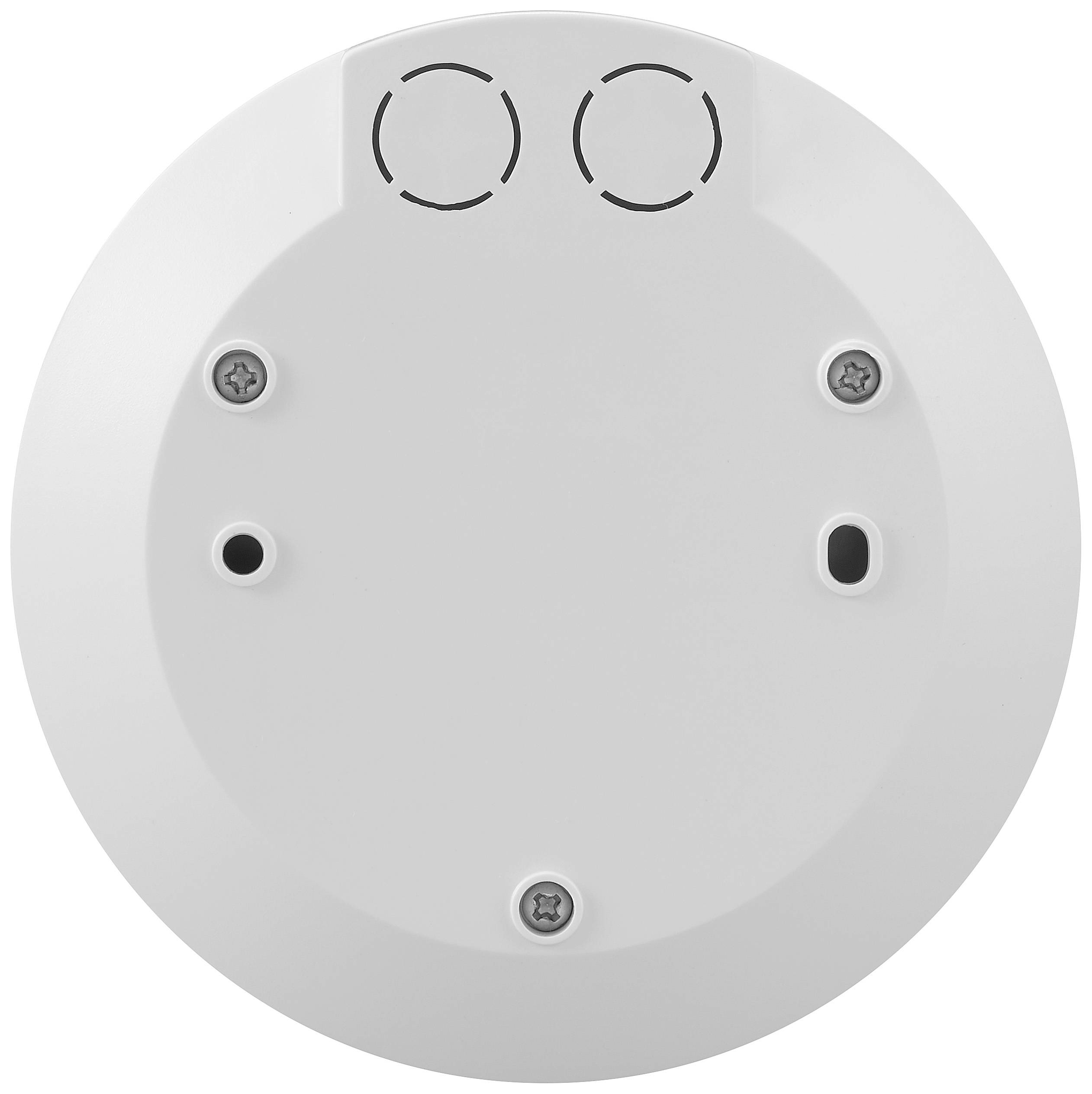 Okrągłe białe urządzenie z dwoma oznaczeniami w kształcie kół u góry oraz czterema śrubami mocującymi.
