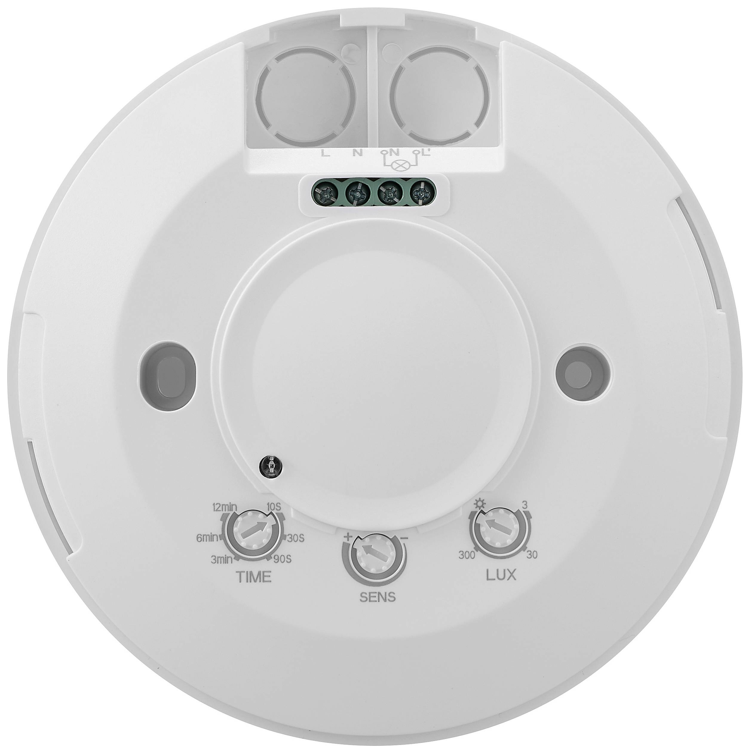 Widok z tyłu czujnika ruchu z trzema pokrętłami nastawczymi: czasu ('TIME'), czułości ('SENS') i natężenia światła ('LUX').
