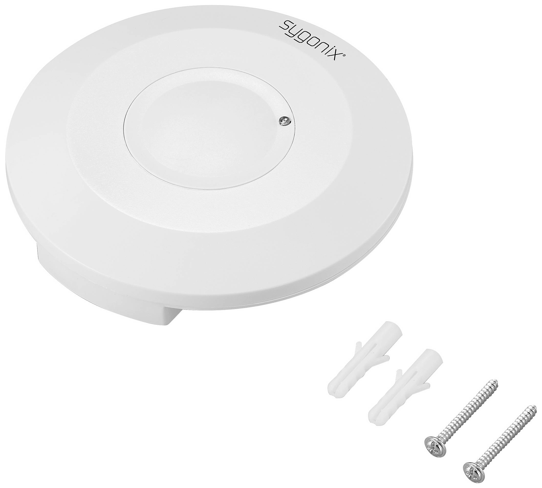 Okrągły, biały czujnik ruchu marki Sygonix z dwoma śrubami i kołkami rozporowymi do montażu. Odpowiedni do instalacji sufitowej.