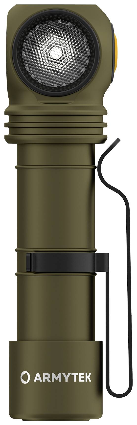 Ciemnozielona latarka z klipsem po boku, odpowiednia do aktywności na świeżym powietrzu.