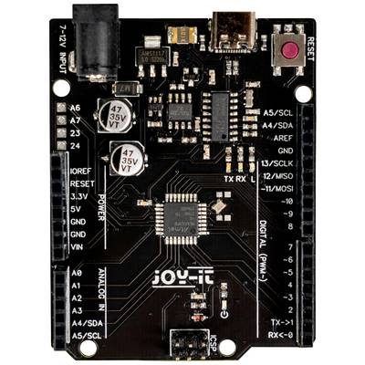 Płytka Arduino z różnymi złączami i elementami elektronicznymi, w tym rezystorami i chipami. Widoczne oznaczenia pinów.