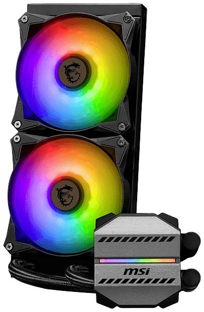Radiator z dwoma wentylatorami i podświetleniem RGB, z pompą oznaczoną logo 'MSI', przeznaczony do chłodzenia komputera.