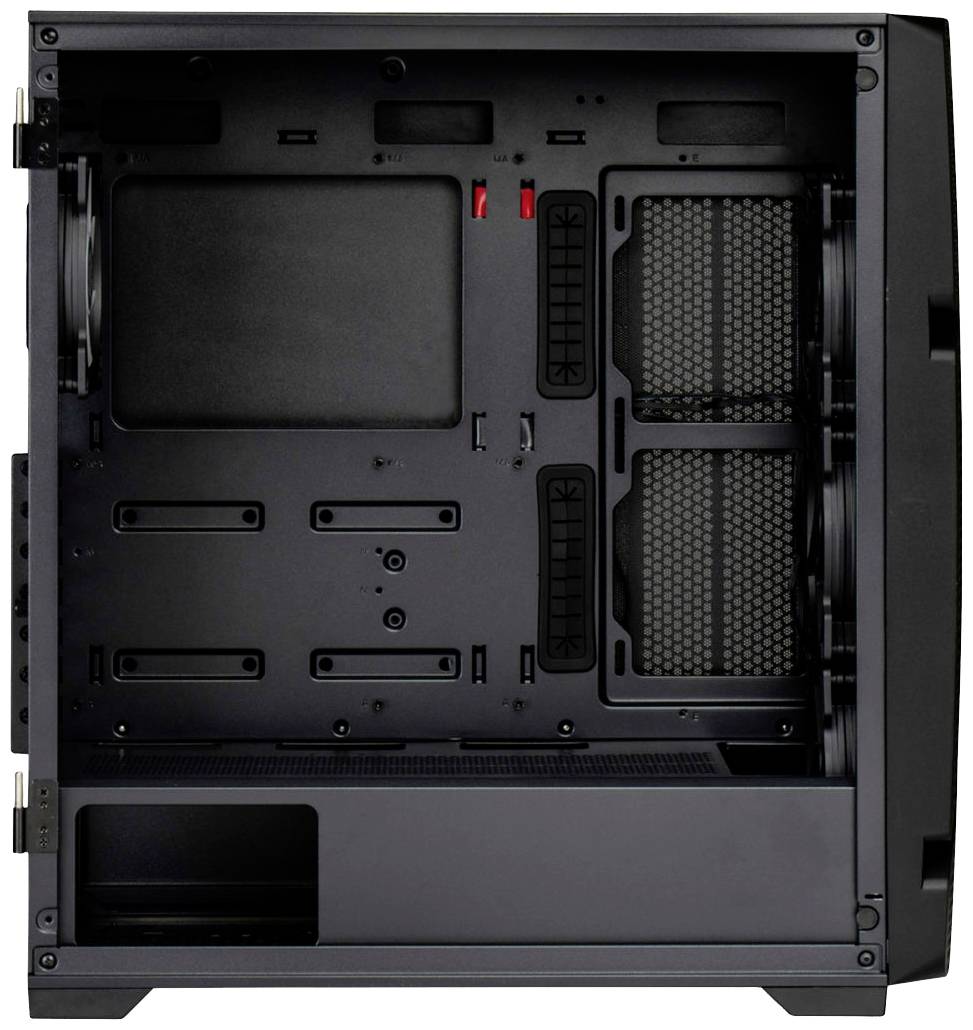 Czarna obudowa komputera, widok z boku bez wewnętrznych komponentów. Prezentuje miejsce na płytę główną, wentylatory i zarządzanie kablami.