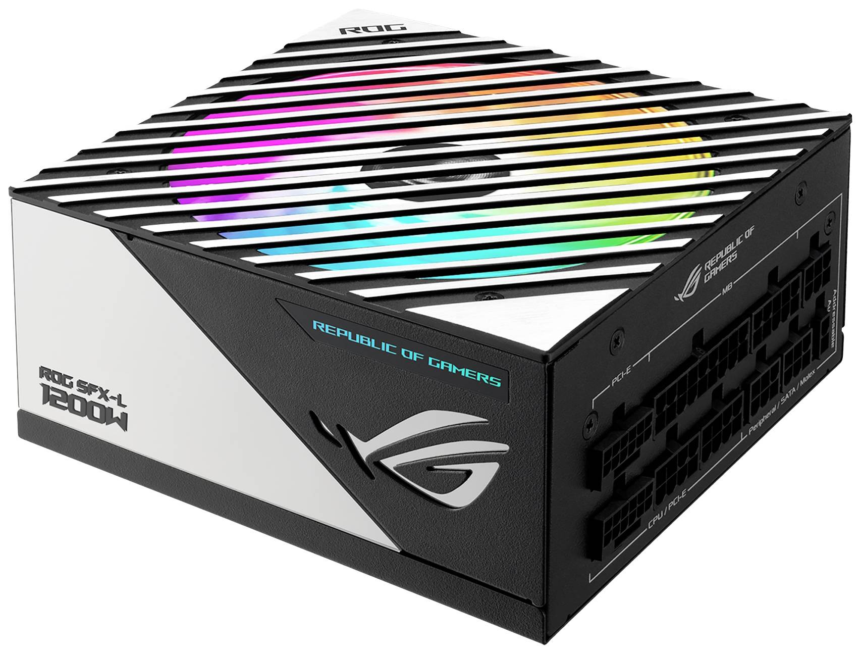 Czarne zasilanie do komputera PC z podświetleniem RGB, logo ROG i napisem 'Republic of Gamers', model SPX-L 1200W.