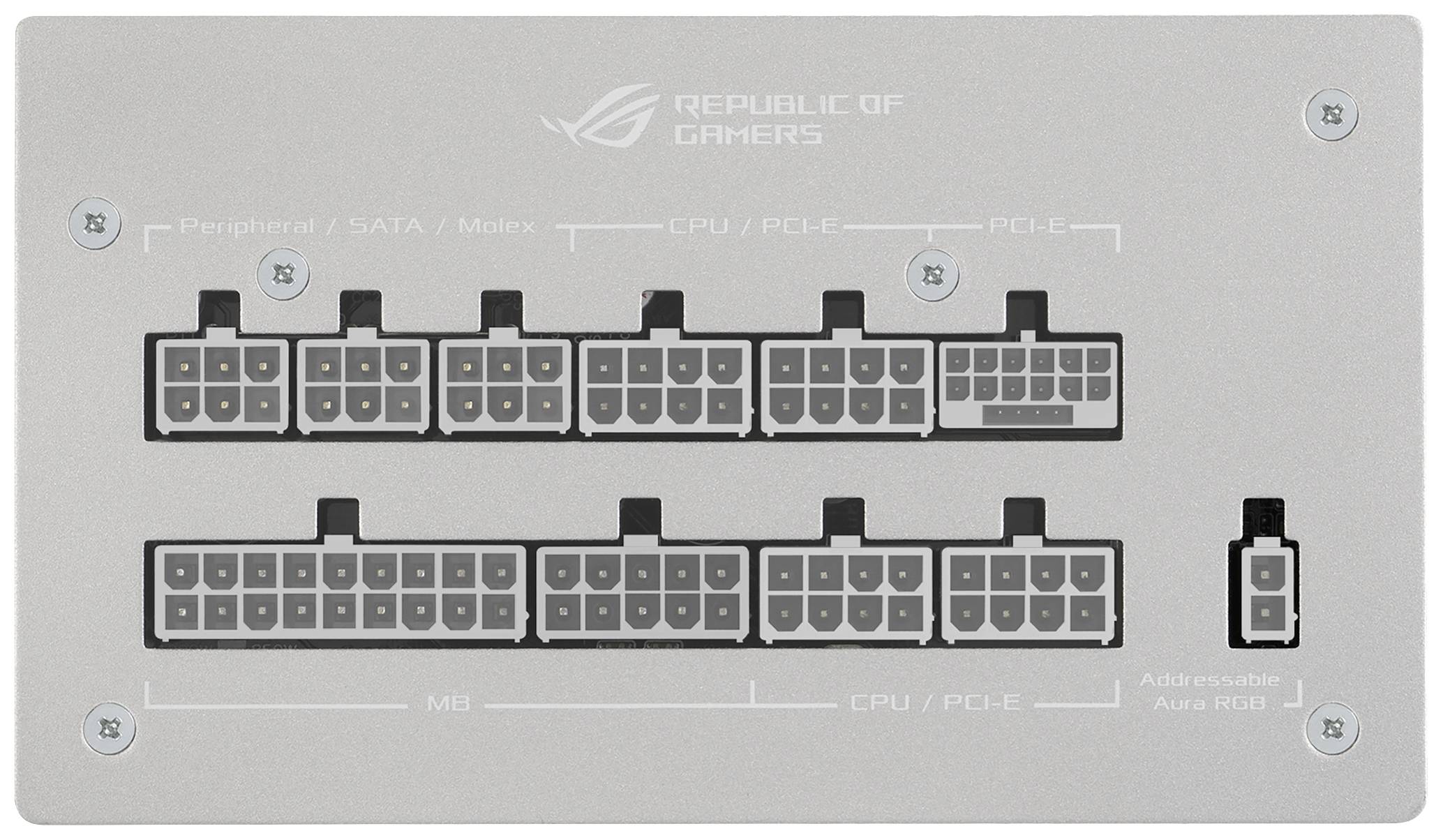Pole przyłączeniowe komponentu komputerowego z różnymi gniazdami, oznaczonymi dla urządzeń peryferyjnych, procesora, PCIe oraz RGB.