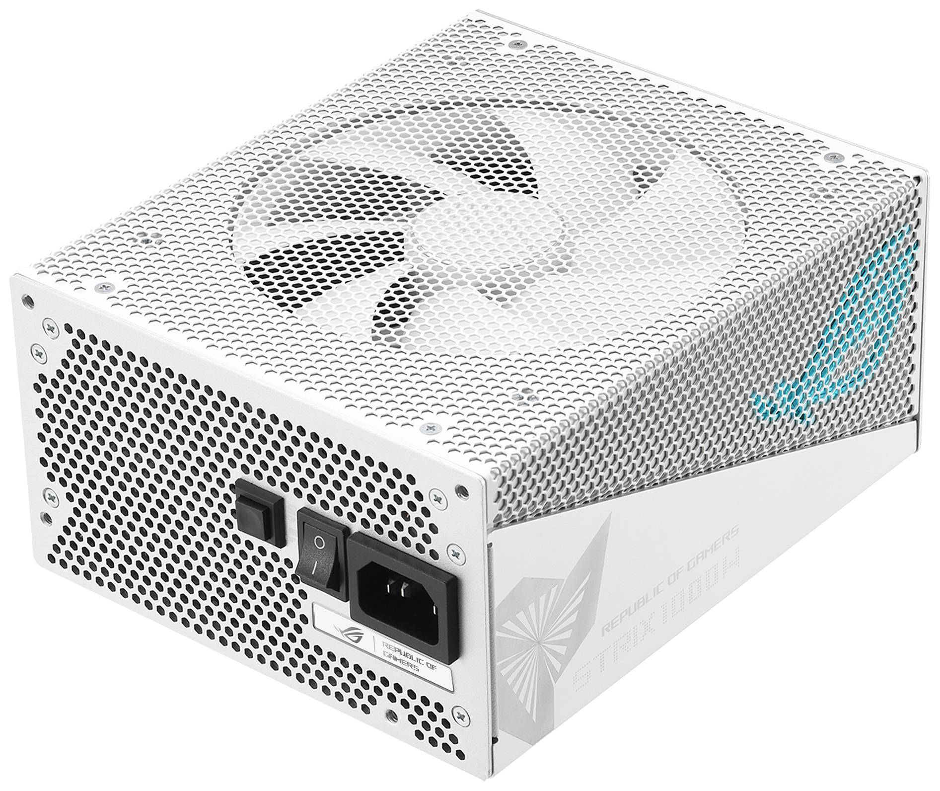 Srebrny zasilacz komputerowy z wentylatorem i włącznikiem. Posiada logo ROG i jest przeznaczony do zasilania komputerów.