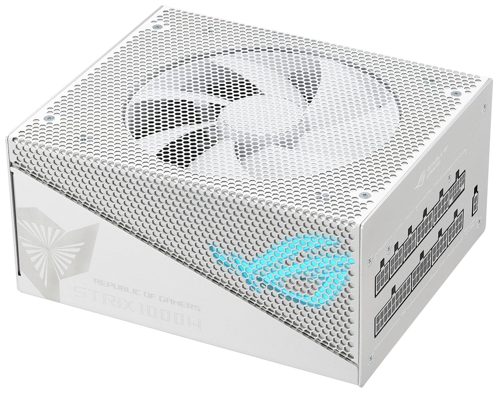 Białe zasilanie komputerowe z kratką wentylacyjną i niebieskim logo z boku. Posiada kilka złączy do modularnych podłączeń przewodów.