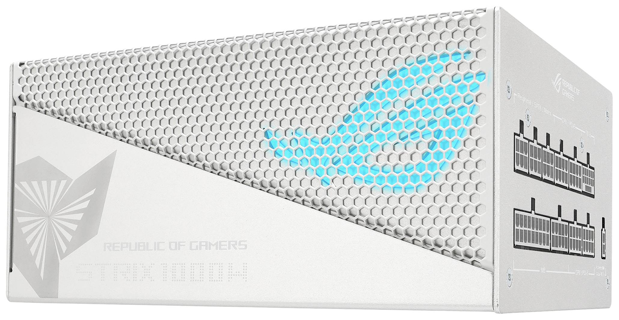 Zasilacz do komputerów dla graczy, w białym designie z niebieskim logo 'Republic of Gamers' i modularnym systemem przewodów z boku.