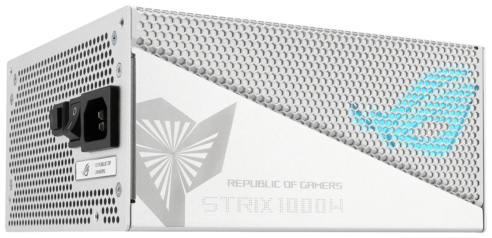 Srebrny zasilacz komputerowy z logo 'Republic of Gamers' i napisem 'STRIX 1000W'. Widoczne są złącza USB oraz kratka wentylacyjna.
